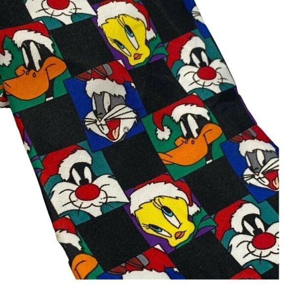 VINTAGE Looney Tunes Christmas Tie Necktie Daffy Bugs Sylvester Tweety 90s Santa - Picture 2 of 9